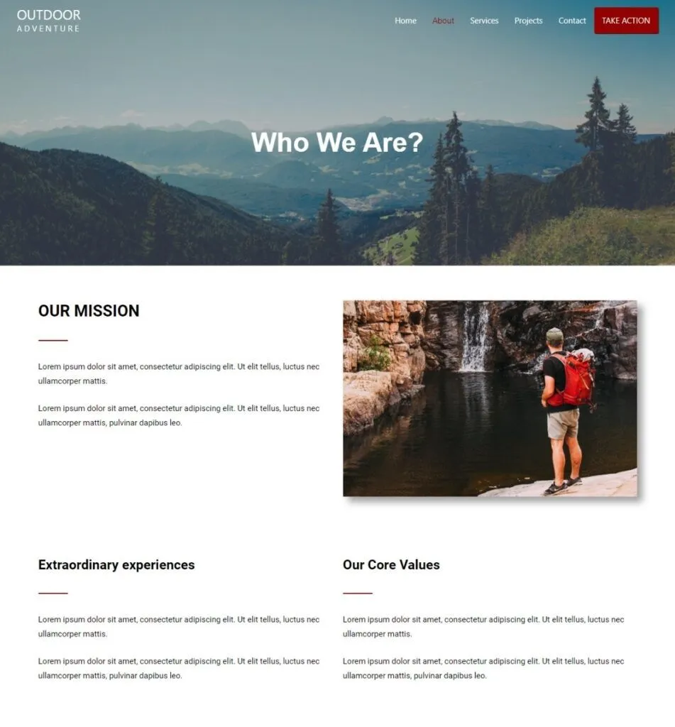 Outdoor Adventure travel agency website portfolio
