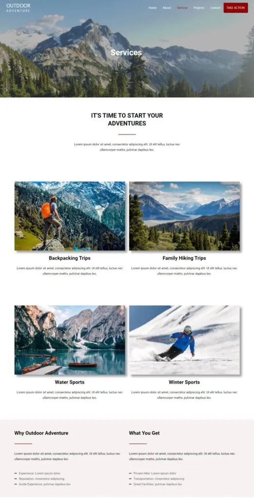 Outdoor Adventure travel agency website portfolio