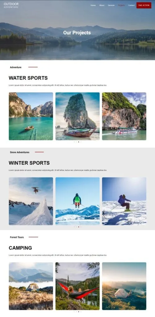 Outdoor Adventure travel agency website portfolio
